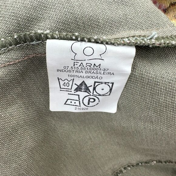 Farm Rio Floral Denim Jacket Military Button Size M Open Green Pink Boho Preppy - Picture 7 of 8